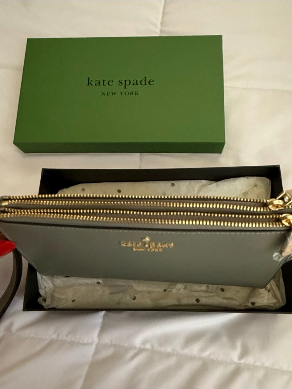 kate spade Light Gray Saffiano Zip Wallet with Gold Hardware